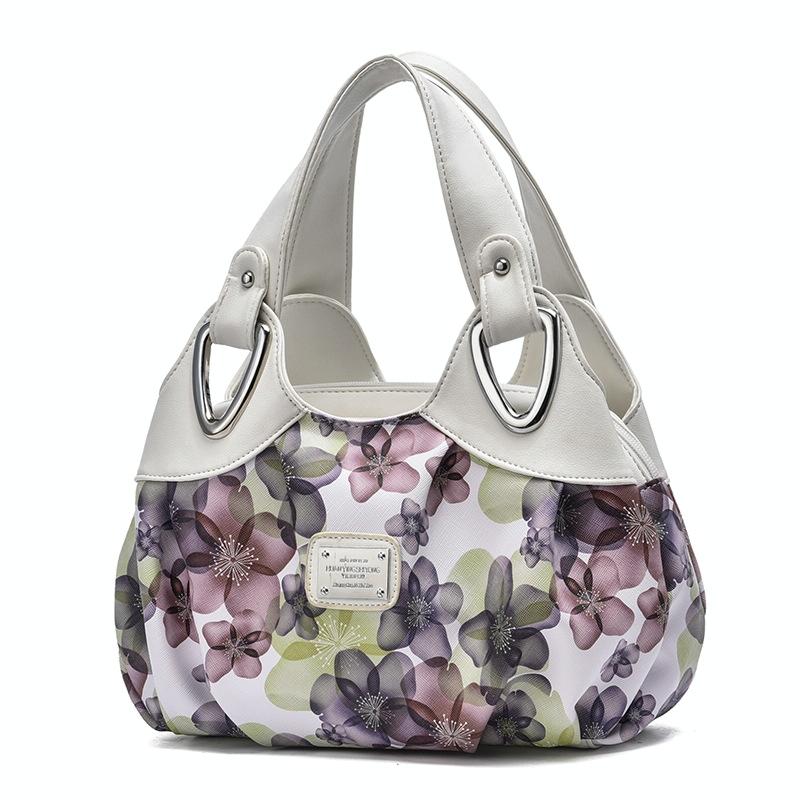 Soft Leather Women Handbag - White Handle Gray Flower