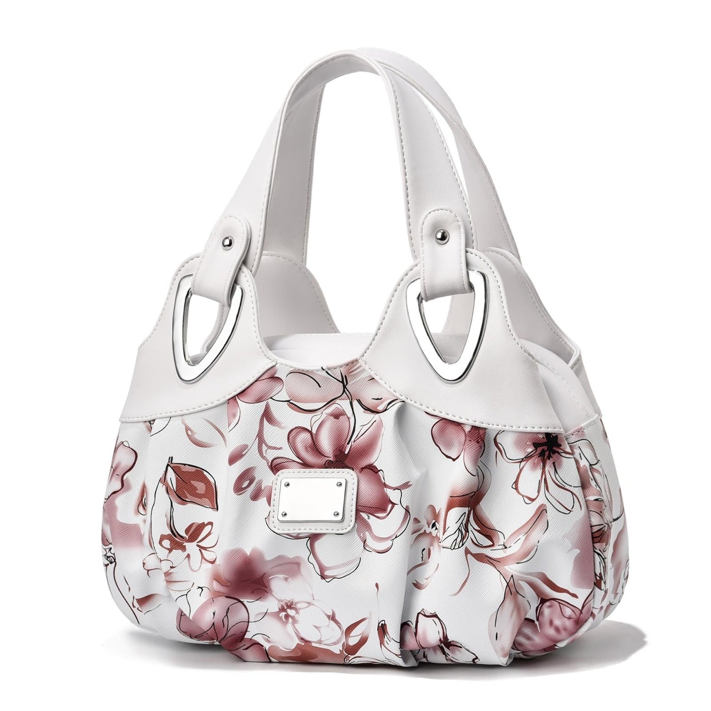 Soft Leather Women Handbag - White Handle Ink Flower