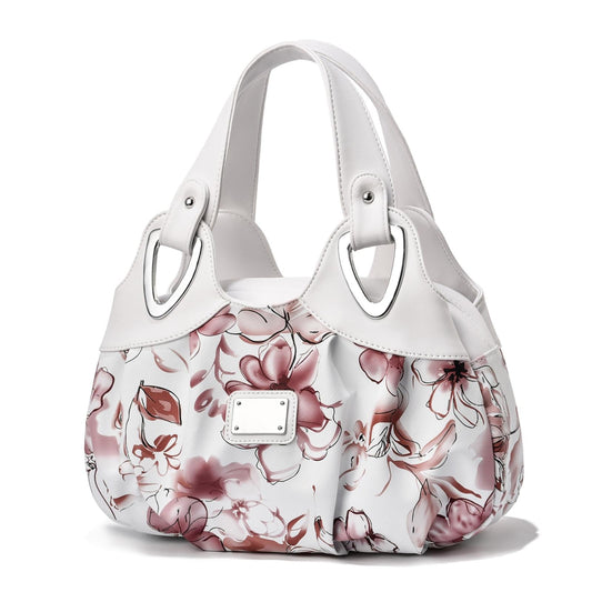 Soft Leather Women Handbag - White Handle Ink Flower