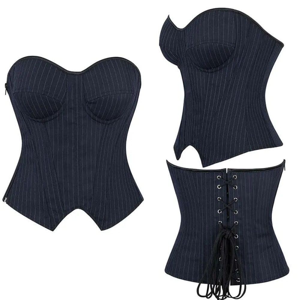 Push Up Pin Stripe Bustier Lace Up Boned Corset Top For Women - Black - Xl