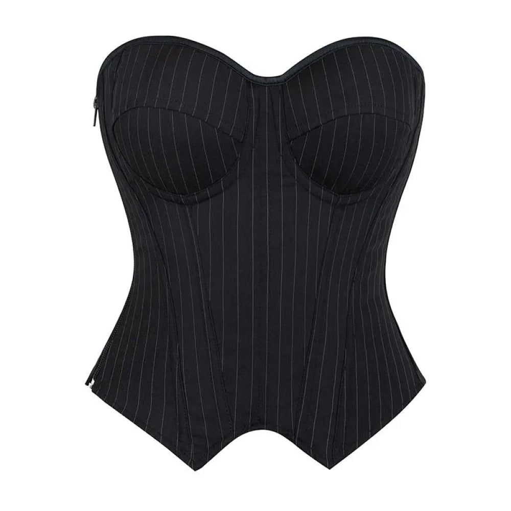 Push Up Pin Stripe Bustier Lace Up Boned Corset Top For Women - Black - M