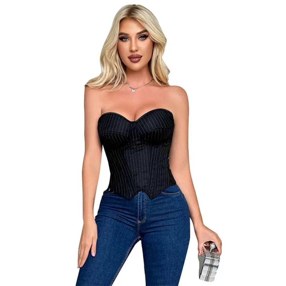 Push Up Pin Stripe Bustier Lace Up Boned Corset Top For Women - Black - M