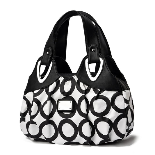 Soft Leather Women Handbag - Black Handle Circle Pattern