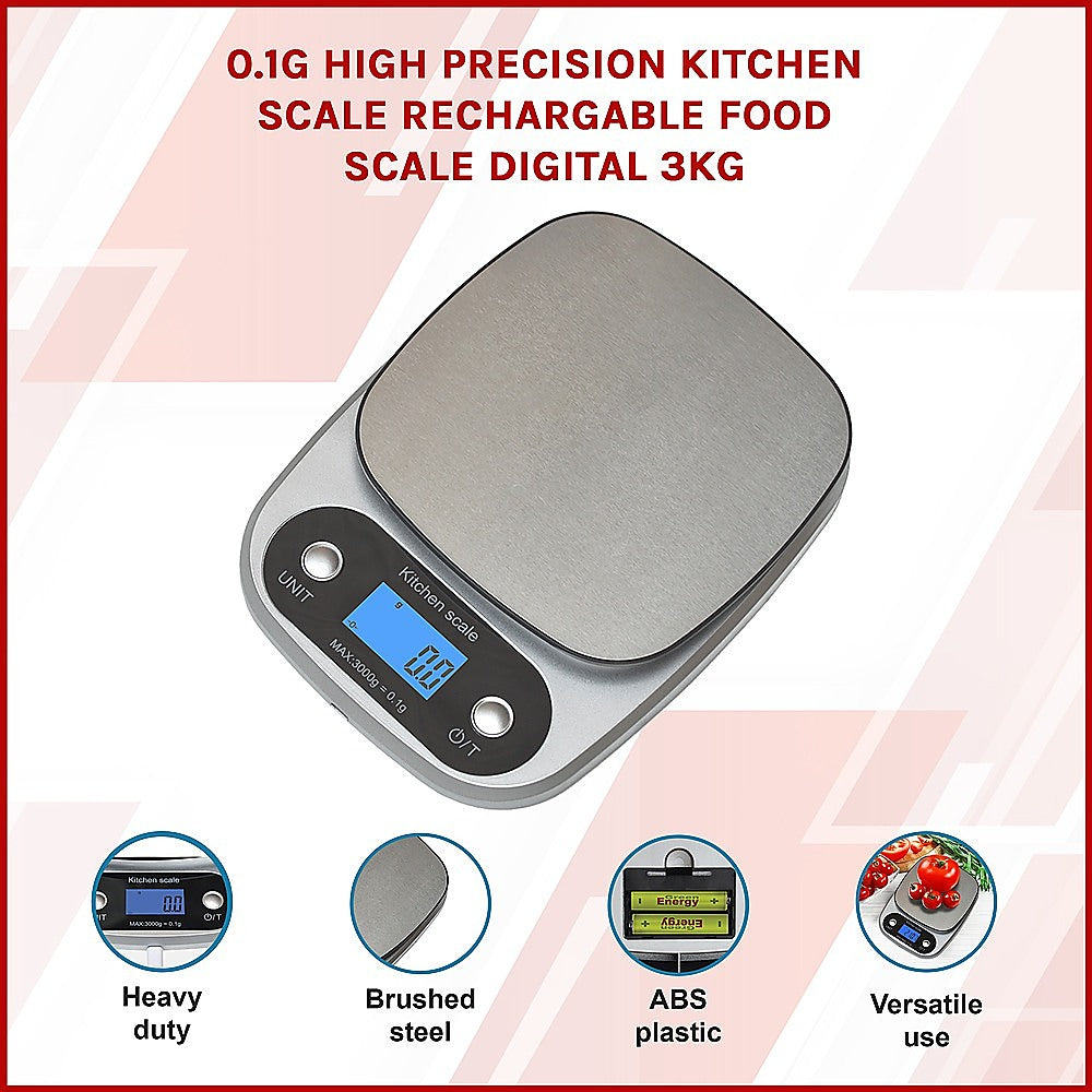 0.1g Digital Kitchen Scale 3kg Rechargeable High Precision Food
