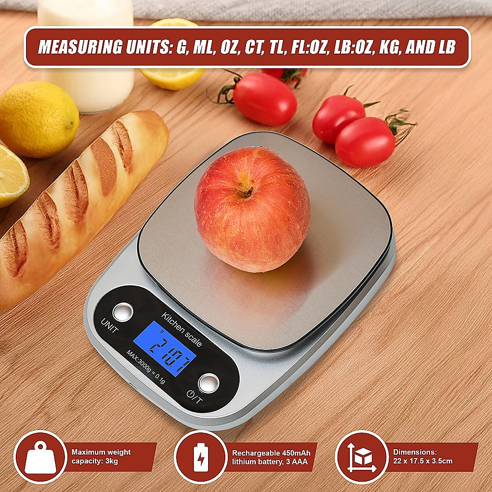 0.1g Digital Kitchen Scale 3kg Rechargeable High Precision Food