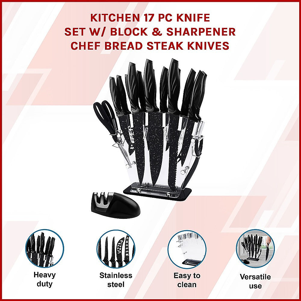 Kitchen 17 Piece Knife Set with Block and Sharpener Chef Knives