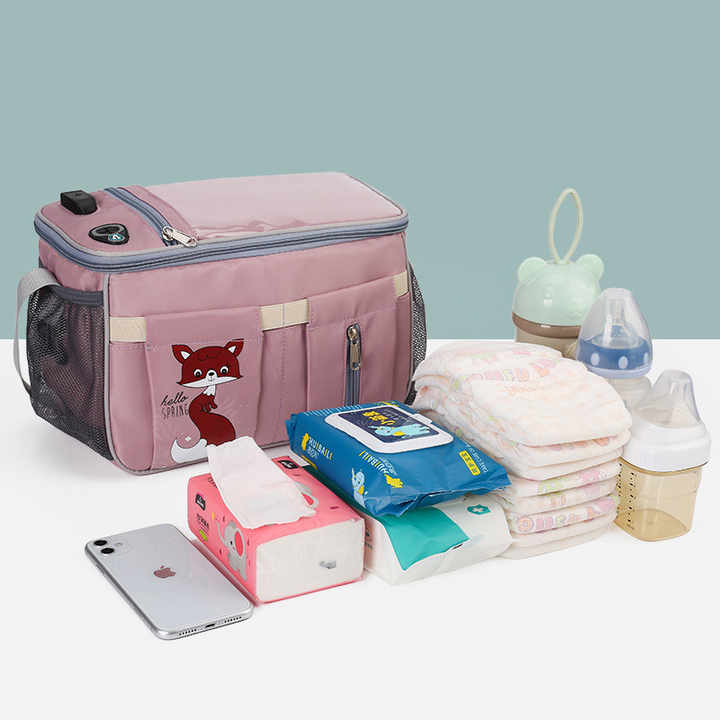 NNEDSZ Grey Stroller Organizer Bag - Multi-Functional Baby Bag with Touchscreen Window, USB Port, and Bottle Holders