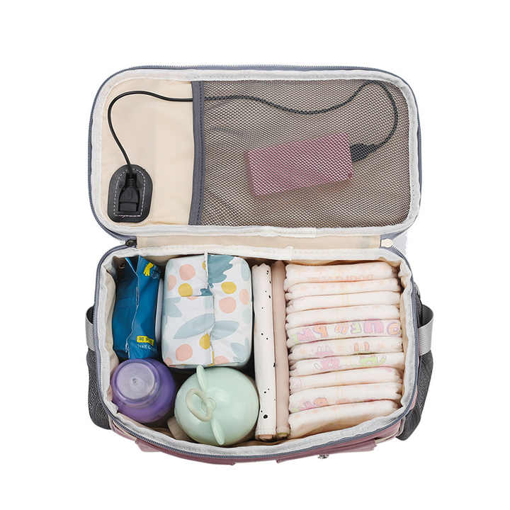 NNEDSZ Grey Stroller Organizer Bag - Multi-Functional Baby Bag with Touchscreen Window, USB Port, and Bottle Holders