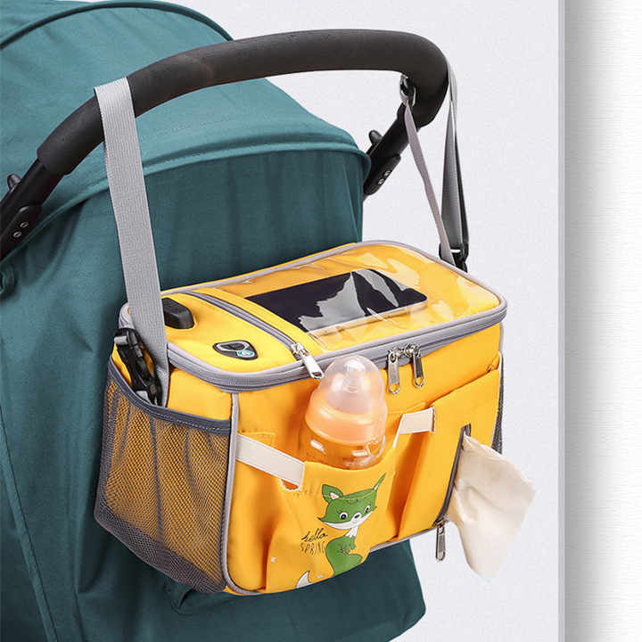 NNEDSZ Grey Stroller Organizer Bag - Multi-Functional Baby Bag with Touchscreen Window, USB Port, and Bottle Holders