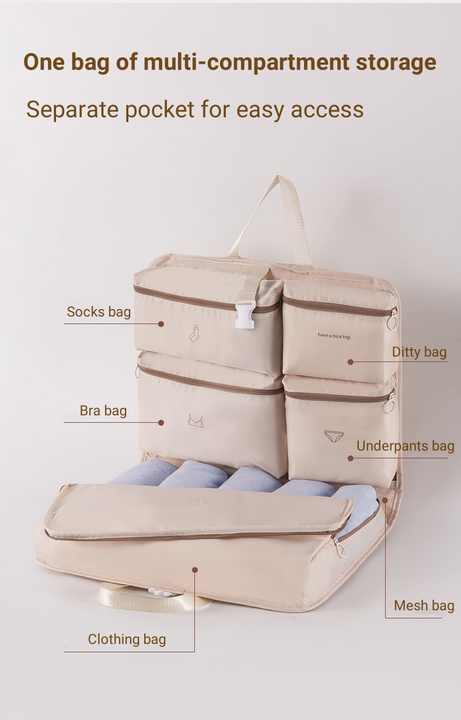 Light Pink Travel Storage Organizer Bag - Multi-Compartment Lightweight Foldable Luggage Organizer for Clothes, Underwear, and Accessories -...