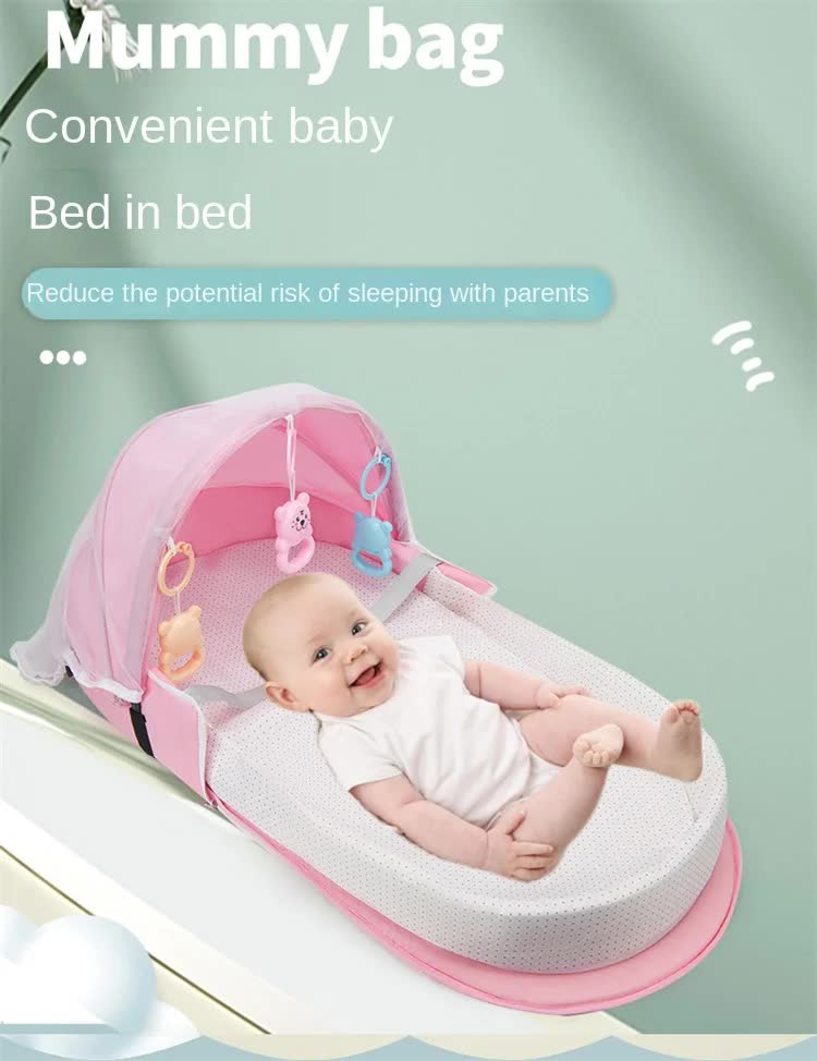 Red Portable Multi-Purpose Baby Bed and Diaper Backpack - Lightweight, Waterproof, Canvas + Polyester Material, Travel Essential for Moms(With...