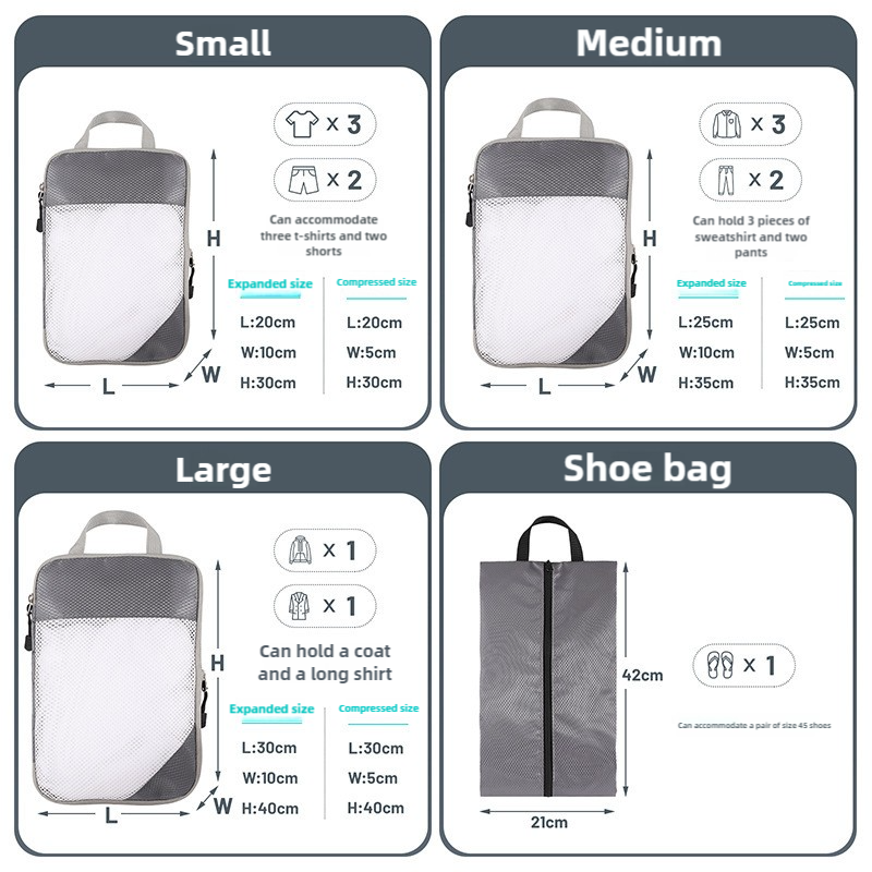 4-piece Set Beige Compression Travel Storage Bags Set, Mesh Travel Organizers for Luggage, Foldable and Space-Saving Packing Cubes