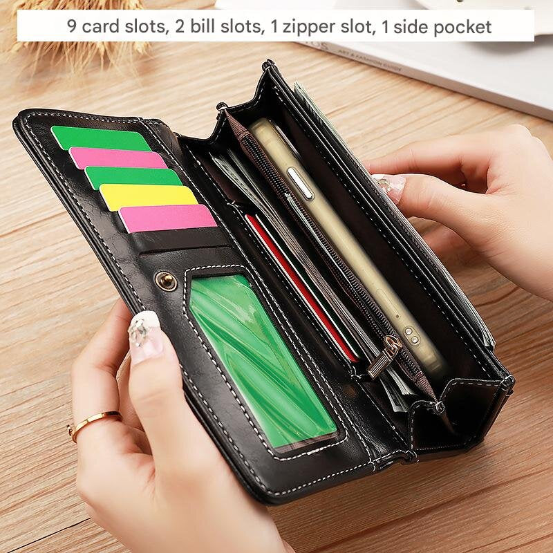 Brown Classic Long Bifold Wallet for Women - Large Capacity Card Holder