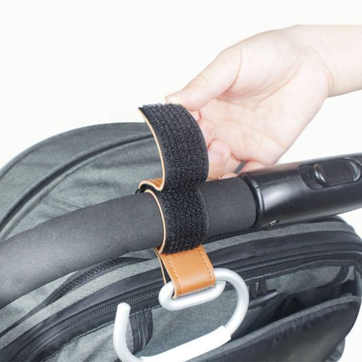 White Stroller Hooks 4-Pack - Leather and Alloy Pram Hooks with Velcro for Mom Bags and Accessories
