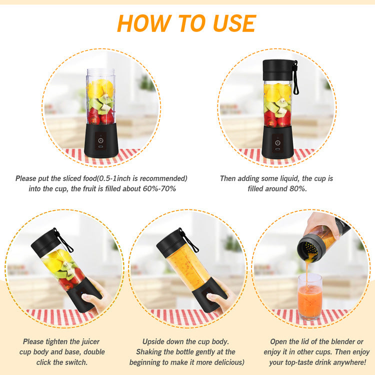 Black Portable Blender USB Rechargeable - Personal Size Smoothie Maker On The Go