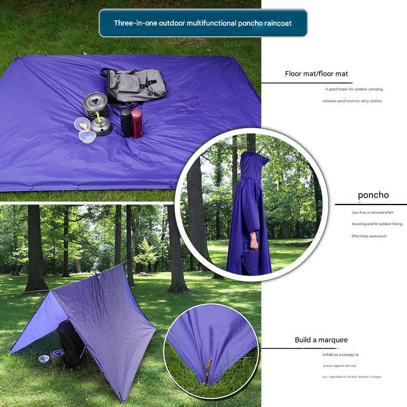 Black Portable Outdoor Camping Poncho - Can be used as Raincoat, Tarp, Ground Cover (Polyester silver coated without pockets)