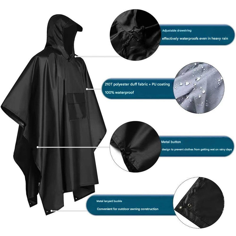 Black Portable Outdoor Camping Poncho - Can be used as Raincoat, Tarp, Ground Cover (Polyester silver coated without pockets)