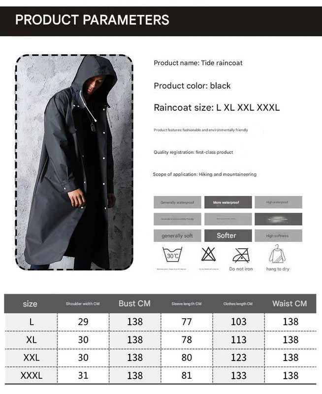 Stylish Black Trench Raincoat - Extra Long, Hooded, for Hiking & Fishing - XL