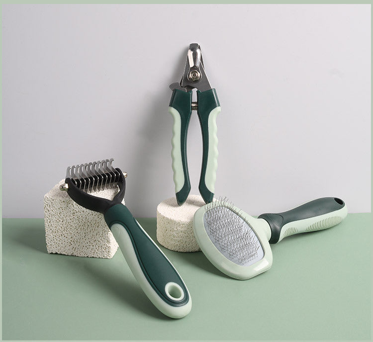 Grey and Green Complete 8-Piece Pet Grooming Kit - Essential Dog & Cat Care Tools with Brushes, Nail Clippers, Scissors & Portable Case