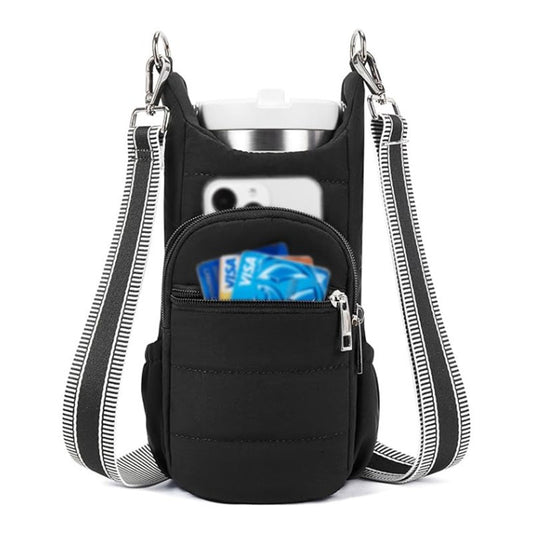 Black Women's Crossbody Water Bottle Bag-Perfect for Hiking and Cycling