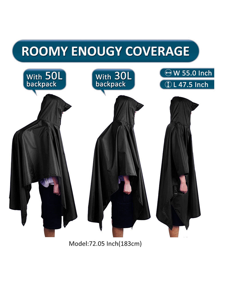Black 3-in-1 Multifunctional Outdoor Rain Poncho - Ground Mat & Shelter - Lightweight & Waterproof for Hiking & Camping