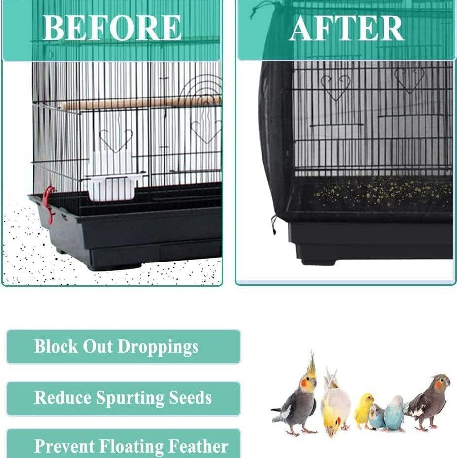 L Black【Height 30, Circumference 220】 Large Bird Cage Seed Catcher Net Cover - Adjustable Mesh Guard Splash-Proof Dust Cover for Indoor Outdoor Cages