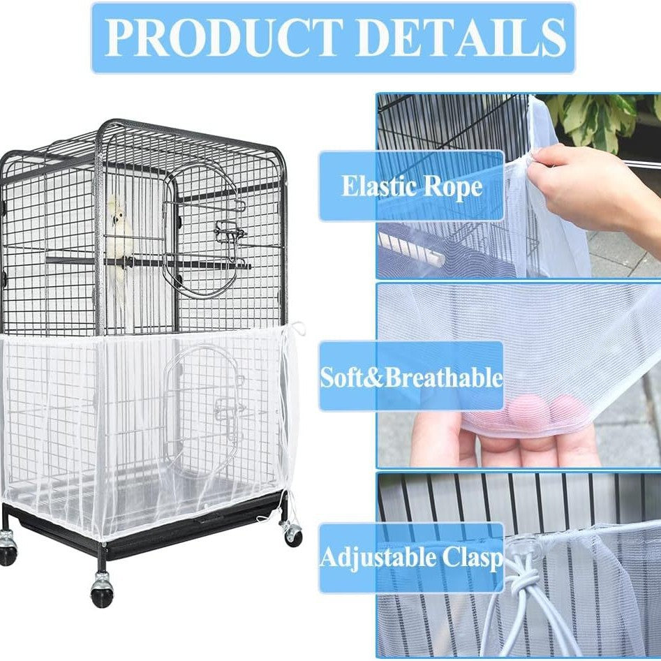 XL Black【Height 37, Circumference 220】 Large Bird Cage Seed Catcher Net Cover - Adjustable Mesh Guard Splash-Proof Dust Cover for Indoor Outdoor Cages