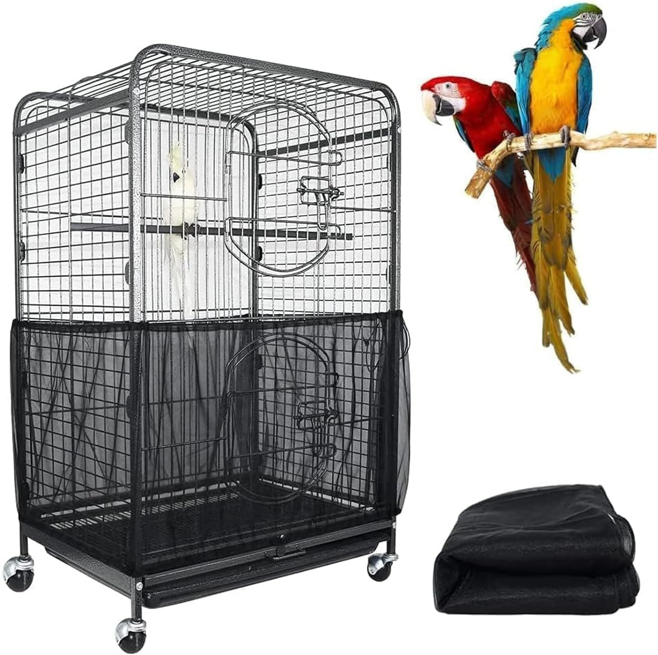 XXL Black【Height 40, Circumference 220】 Large Bird Cage Seed Catcher Net Cover - Adjustable Mesh Guard Splash-Proof Dust Cover for Indoor Outdoor...