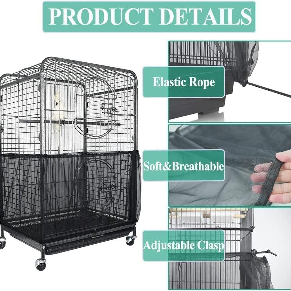 XXL Black【Height 40, Circumference 220】 Large Bird Cage Seed Catcher Net Cover - Adjustable Mesh Guard Splash-Proof Dust Cover for Indoor Outdoor...