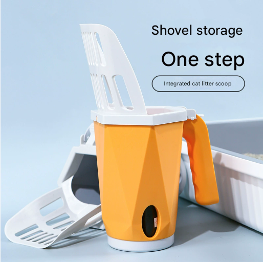 Grey 2-in-1 Cat Litter Scoop with Attached Waste Bin Integrated Poop Scooper Holder Detachable Kit with 150 Degradable Bags