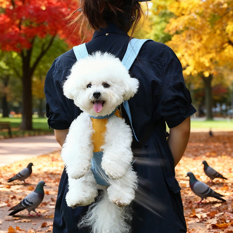 Yellow denim blue Pet Carrier Backpack Front Chest Pack Legs Out Breathable Mesh for Small Dogs Cats Hiking Travel Hands Free Adjustable...