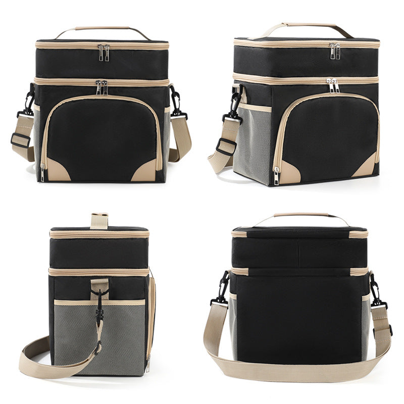 Black Dual Layer Insulated Lunch Bag 12L Large Capacity Cooler Tote with Adjustable Strap Leakproof Thermal Food Carrier for Work Picnic and Camping