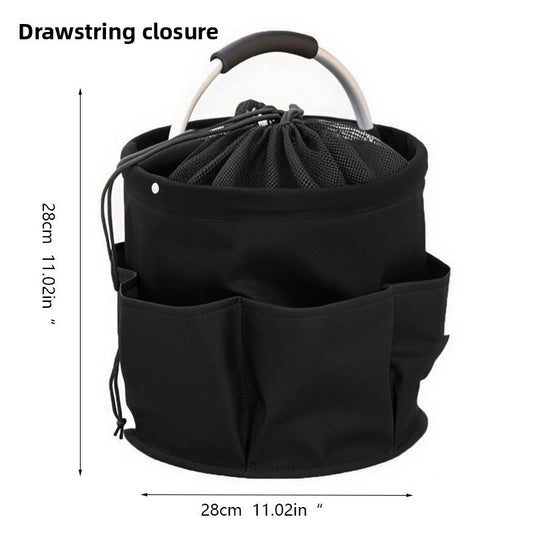 Black Multi-Function Collapsible Storage Basket with Drawstring Closure Portable Cleaning Caddy and Picnic Organiser Bag with Multiple Pockets
