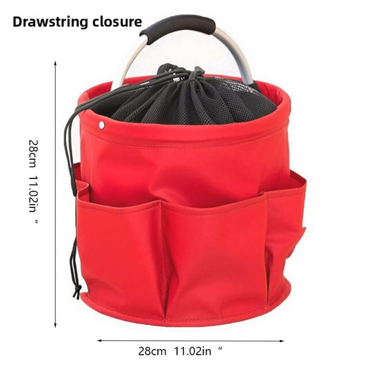 Red Multi-Function Collapsible Storage Basket with Drawstring Closure Portable Cleaning Caddy and Picnic Organiser Bag with Multiple Pockets