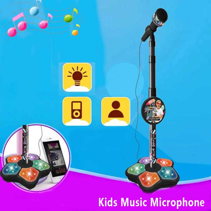 Pink Kids Star Karaoke Microphone Stand Adjustable Height Music Toy with Flashing Lights and MP3 Connectivity for Boys and Girls