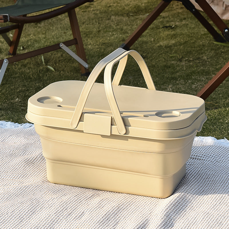 Collapsible Picnic Basket with Mini Table Lid Portable Folding Storage Crate with Cup Holders and Phone Stand Multi-Functional Outdoor Camping Sink...