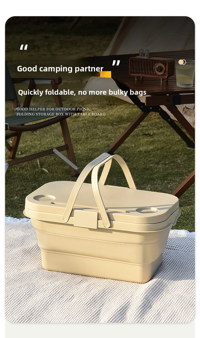 Collapsible Picnic Basket with Mini Table Lid Portable Folding Storage Crate with Cup Holders and Phone Stand Multi-Functional Outdoor Camping Sink...