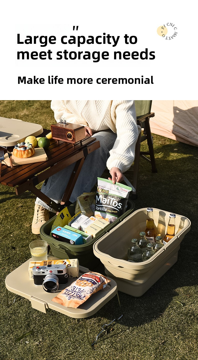 Collapsible Picnic Basket with Mini Table Lid Portable Folding Storage Crate with Cup Holders and Phone Stand Multi-Functional Outdoor Camping Sink...