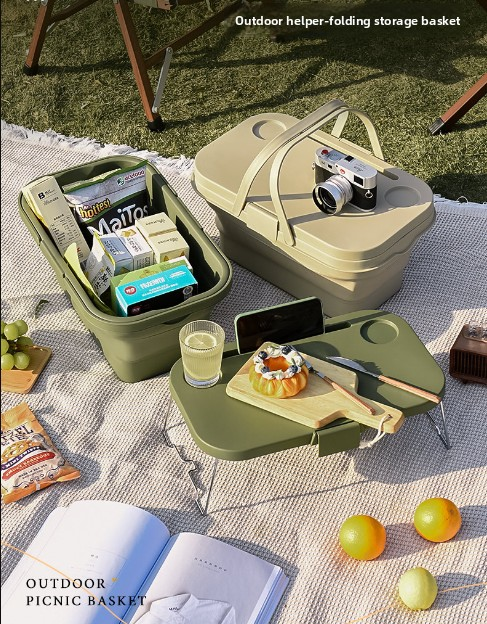 Collapsible Picnic Basket with Mini Table Lid Portable Folding Storage Crate with Cup Holders and Phone Stand Multi-Functional Outdoor Camping Sink...