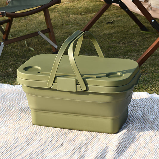 Collapsible Picnic Basket with Mini Table Lid Portable Folding Storage Crate with Cup Holders and Phone Stand Multi-Functional Outdoor Camping Sink...