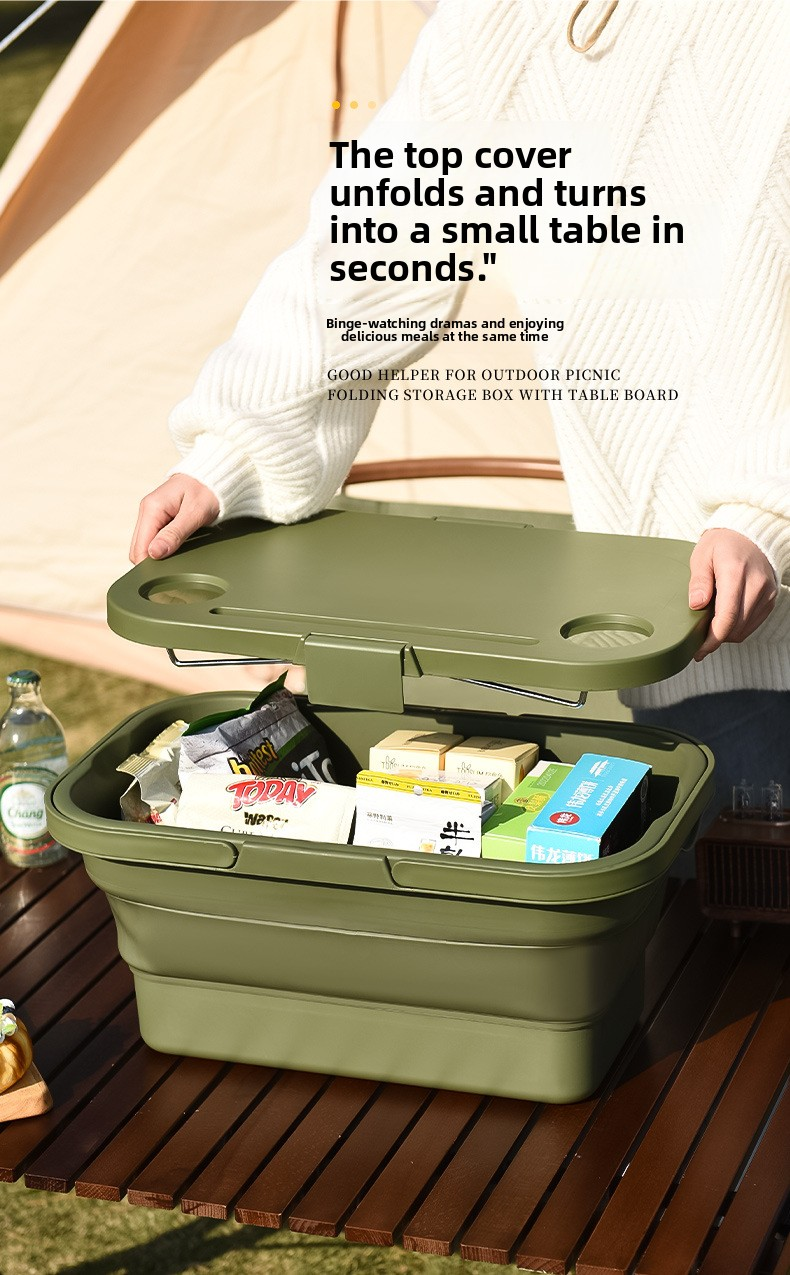 Collapsible Picnic Basket with Mini Table Lid Portable Folding Storage Crate with Cup Holders and Phone Stand Multi-Functional Outdoor Camping Sink...