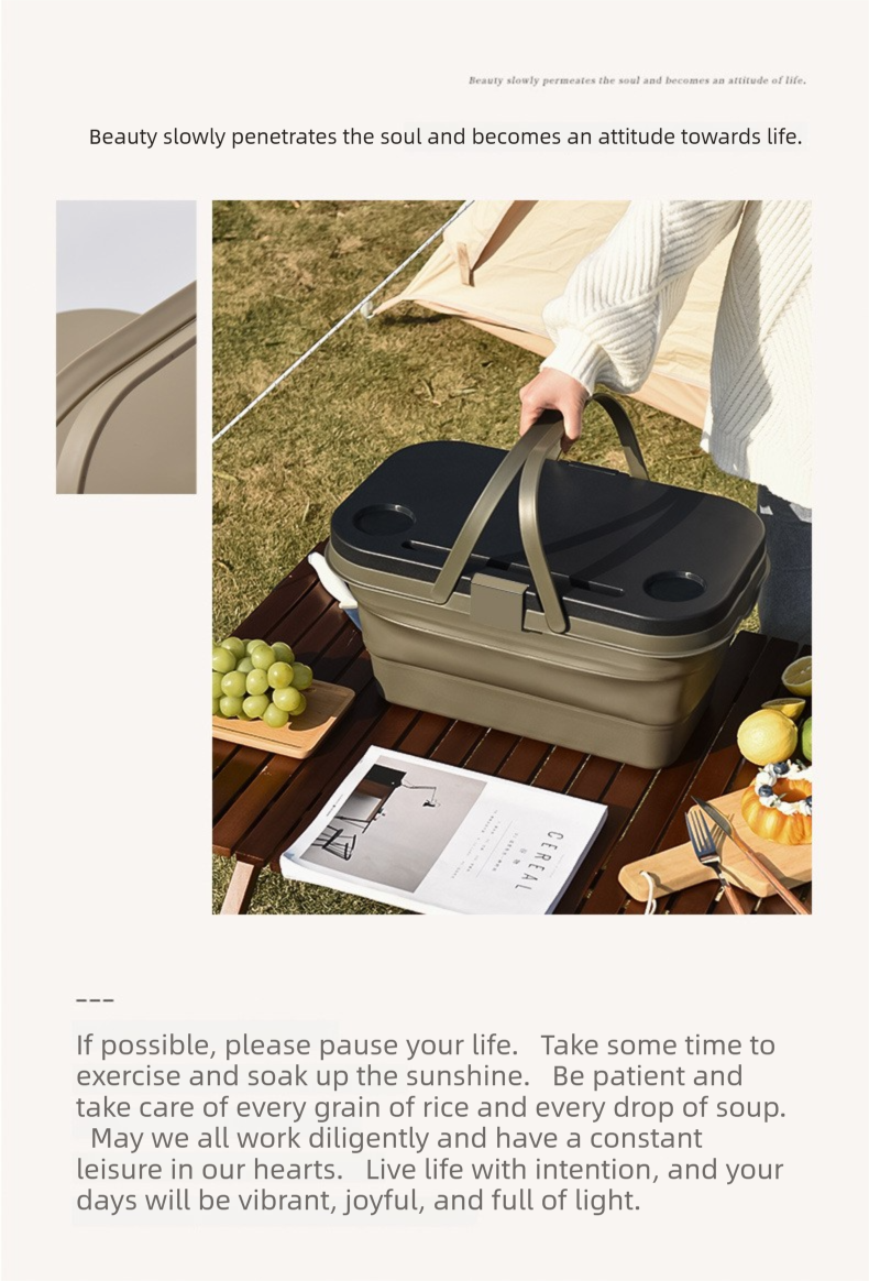 Collapsible Picnic Basket with Mini Table Lid Portable Folding Storage Crate with Cup Holders and Phone Stand Multi-Functional Outdoor Camping Sink...