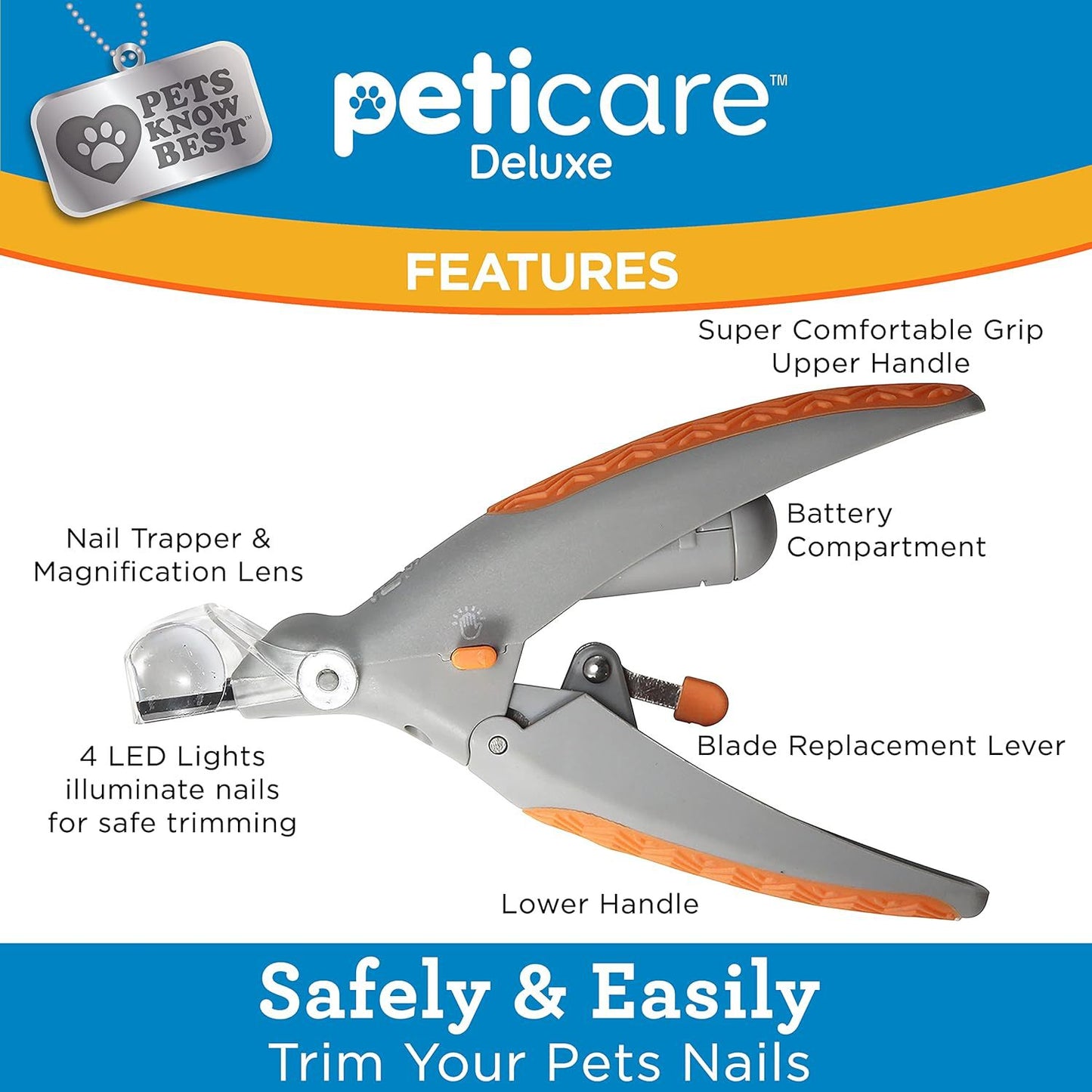 Illuminated Pet Nail Clippers with LED Light & Magnifier - Safety Claw Trimmer for Dogs & Cats - Lightweight Plastic Handle - Grey/Orange in Retail...