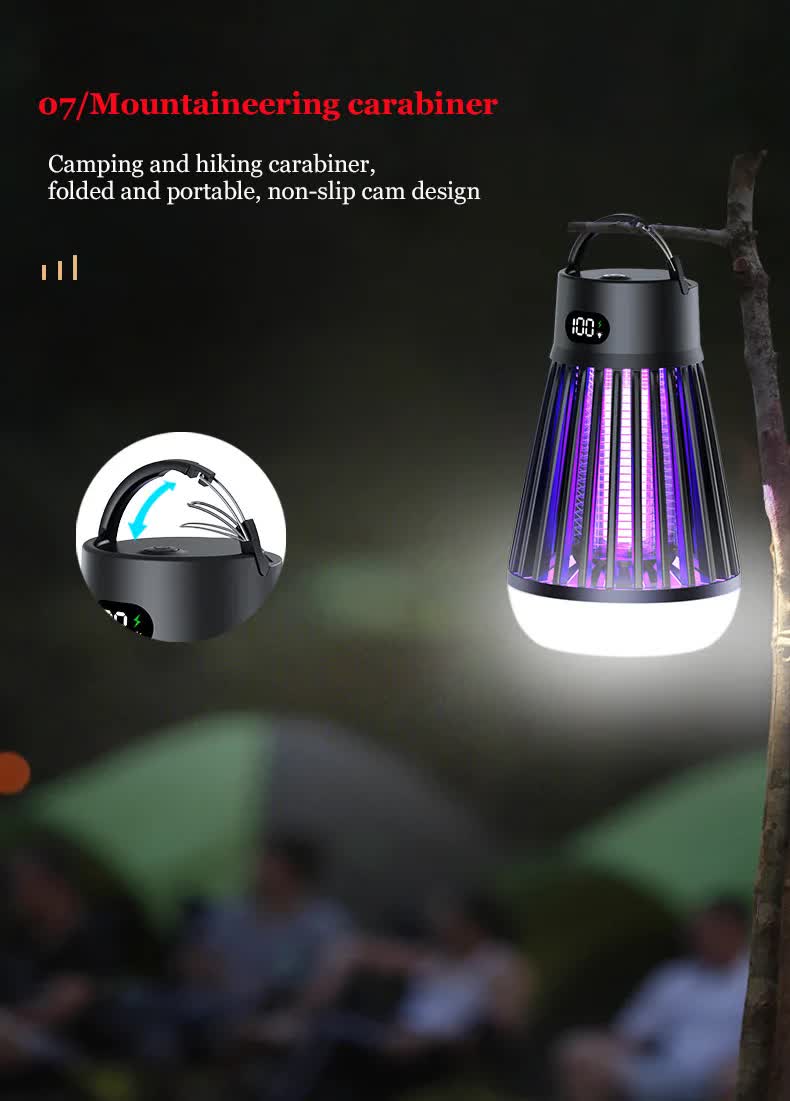 2-in-1 Rechargeable Mosquito Zapper & Camping Lantern - 2000V Electric Insect Killer with Smart Digital Display - 2000mAh Battery Portable