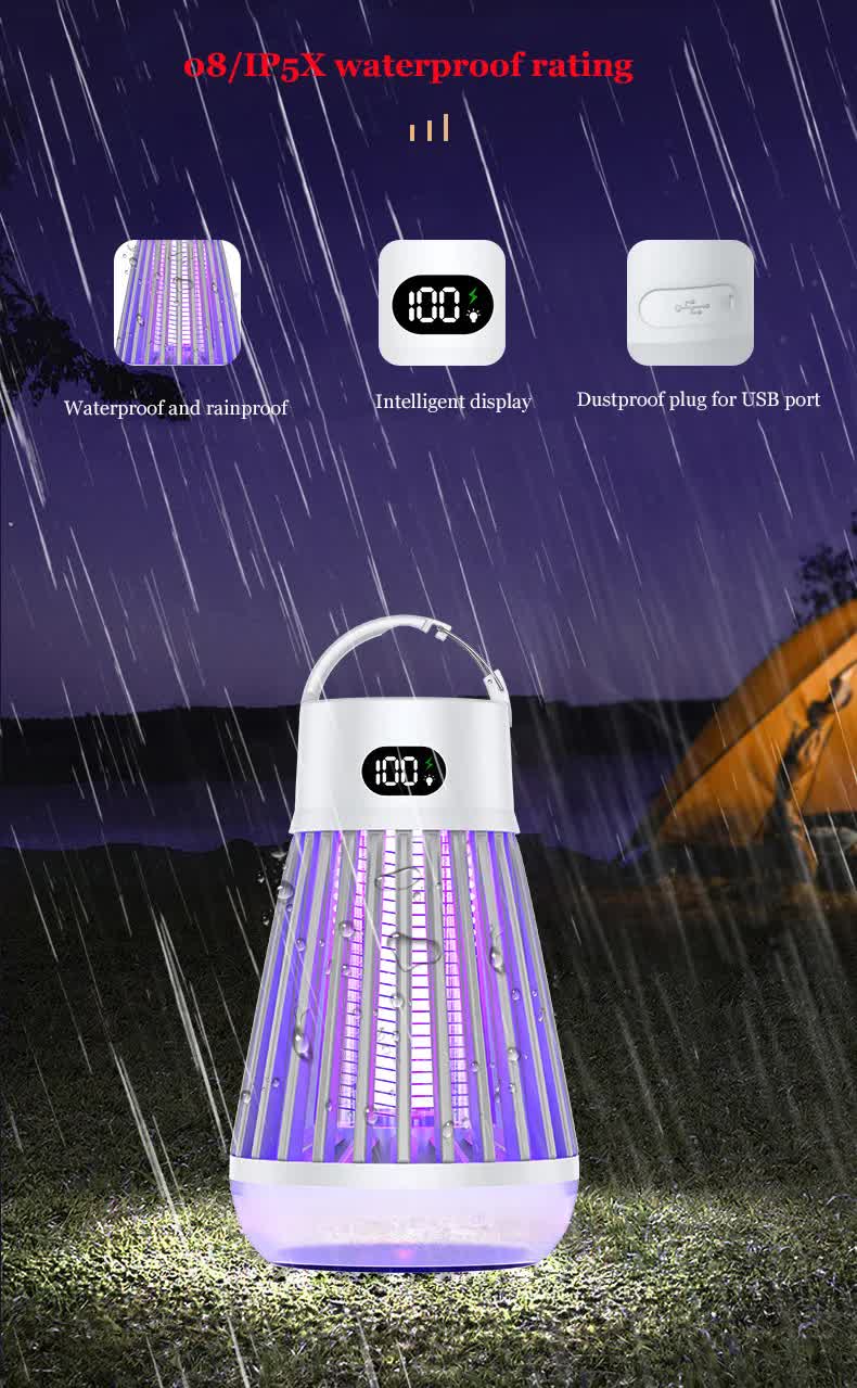 2-in-1 Rechargeable Mosquito Zapper & Camping Lantern - 2000V Electric Insect Killer with Smart Digital Display - 2000mAh Battery Portable