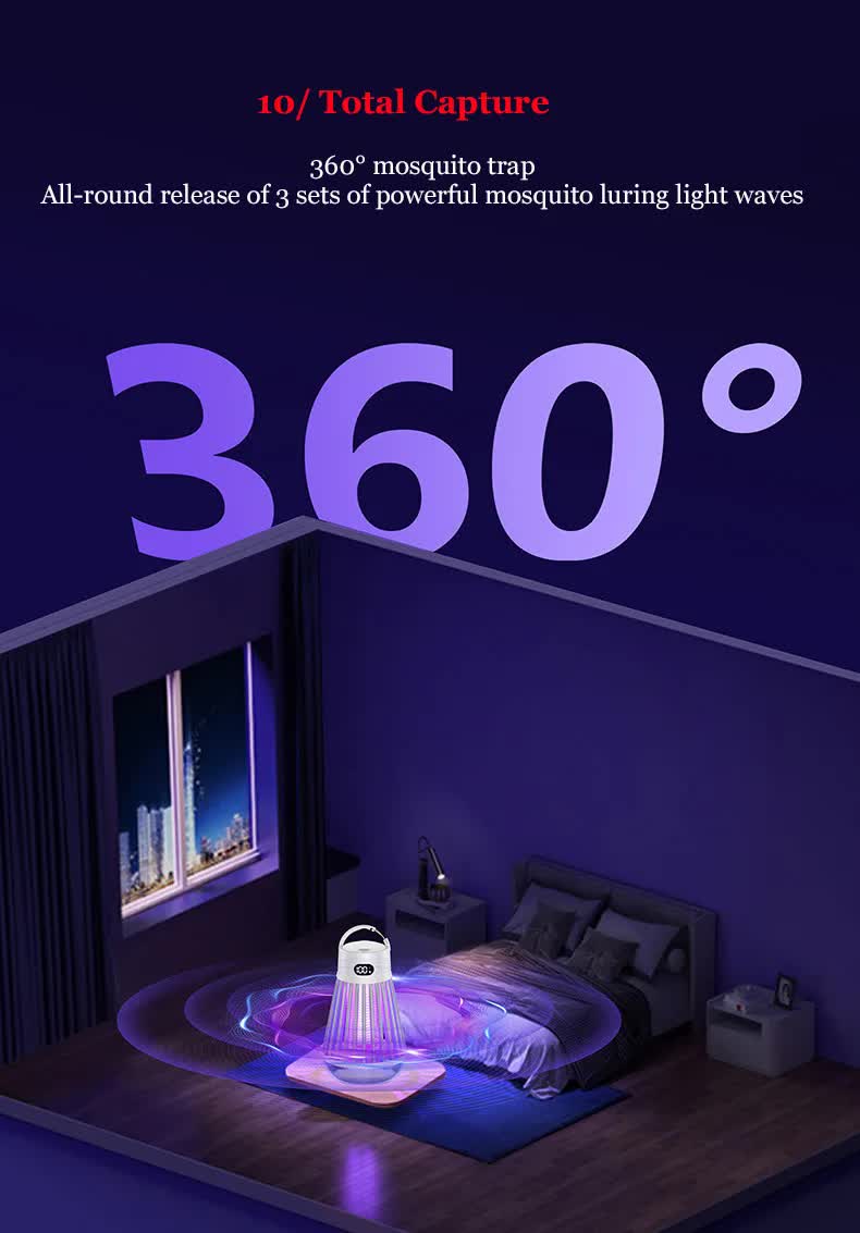 2-in-1 Rechargeable Mosquito Zapper & Camping Lantern - 2000V Electric Insect Killer with Smart Digital Display - 2000mAh Battery Portable