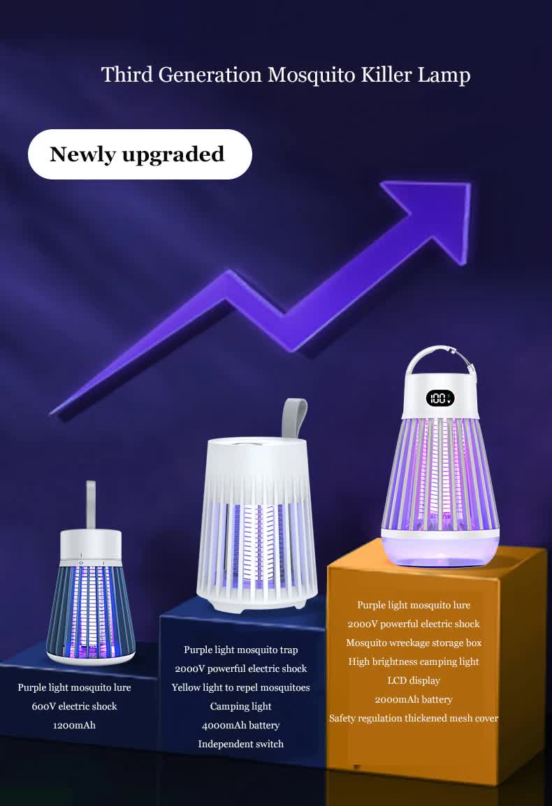 2-in-1 Rechargeable Mosquito Zapper & Camping Lantern - 2000V Electric Insect Killer with Smart Digital Display - 2000mAh Battery Portable