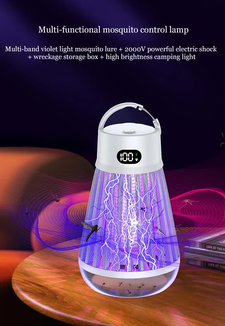 2-in-1 Rechargeable Mosquito Zapper & Camping Lantern - 2000V Electric Insect Killer with Smart Digital Display - 2000mAh Battery Portable