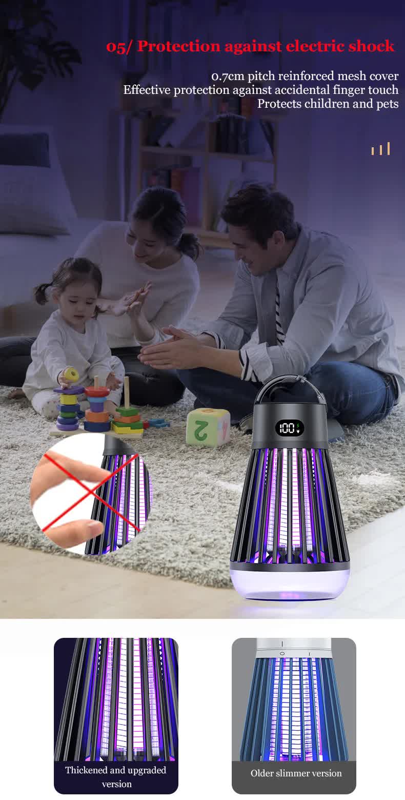 2-in-1 Rechargeable Mosquito Zapper & Camping Lantern - 2000V Electric Insect Killer with Smart Digital Display - 2000mAh Battery Portable