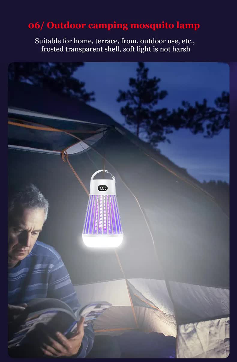 2-in-1 Rechargeable Mosquito Zapper & Camping Lantern - 2000V Electric Insect Killer with Smart Digital Display - 2000mAh Battery Portable